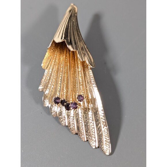 Vintage Sarah Coventry Purple Rhinestone Gold Tone Flower Spray Brooch Gold Tone - Picture 8 of 11